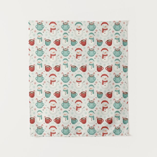 Snowman and Hot Cocoa Christmas Seamless Pattern Tapestry (Front)