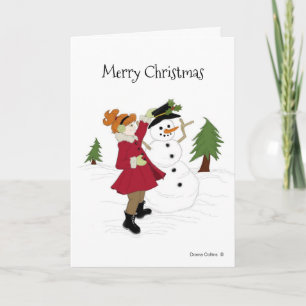 Snowman and Little Girl in a Red Coat Card