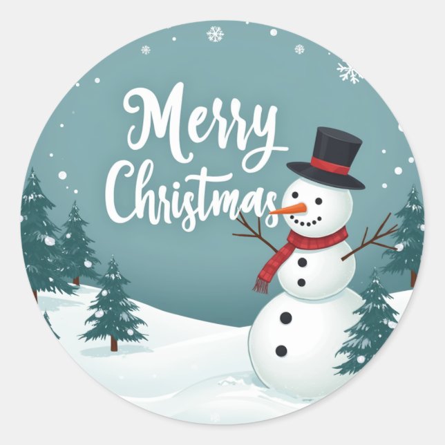 Snowman and Merry Christmas Classic Round Sticker (Front)