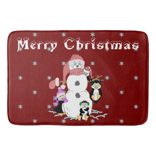 Snowman and Penguin Christmas Bath Mat (Front)