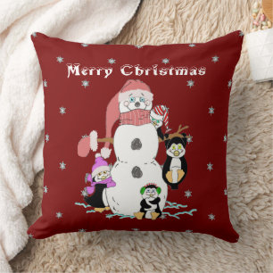 Snowman and Penguin Christmas Throw Pillow