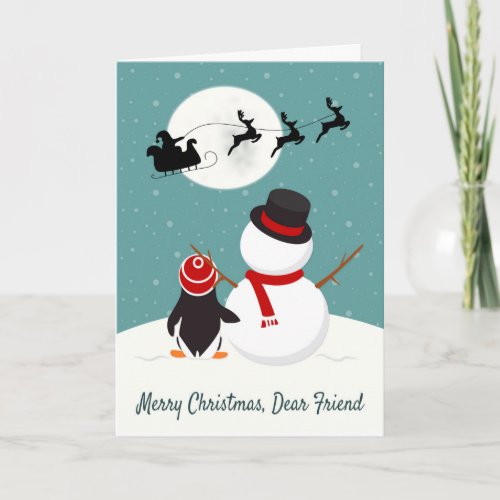 Snowman and Penguin Watch Santas Sleigh Holiday Card