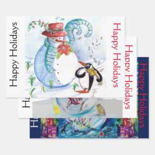 SNOWMAN AND PENGUIN'S SERENADE Christmas Wrapping Paper Sheets