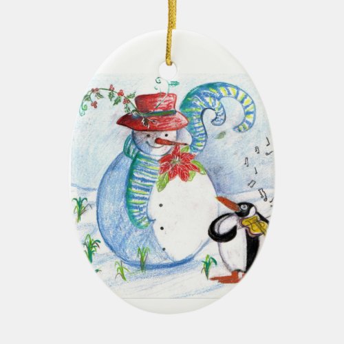 SNOWMAN AND PENGUINS WINTER SERENADE CERAMIC ORNAMENT