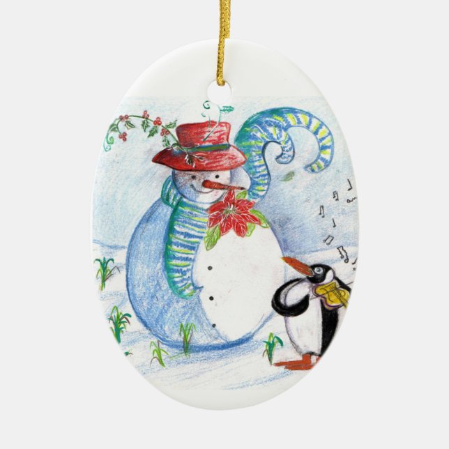 SNOWMAN AND PENGUIN'S WINTER SERENADE CERAMIC ORNAMENT (Front)