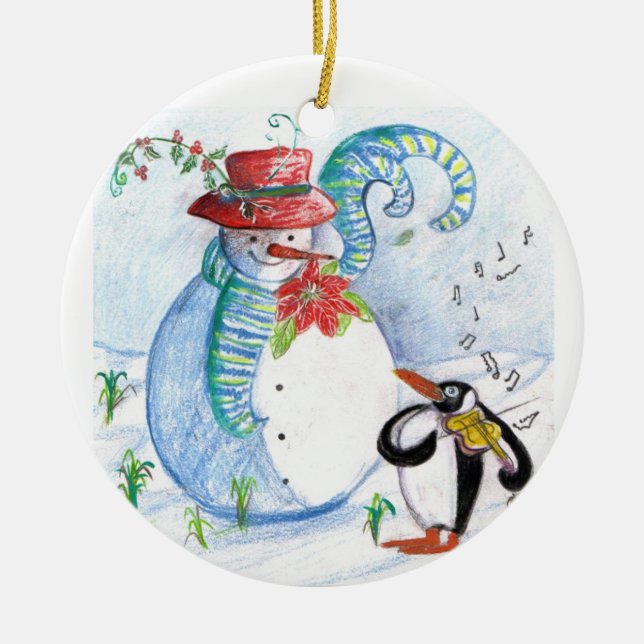 SNOWMAN AND PENGUIN'S WINTER SERENADE CERAMIC ORNAMENT (Front)