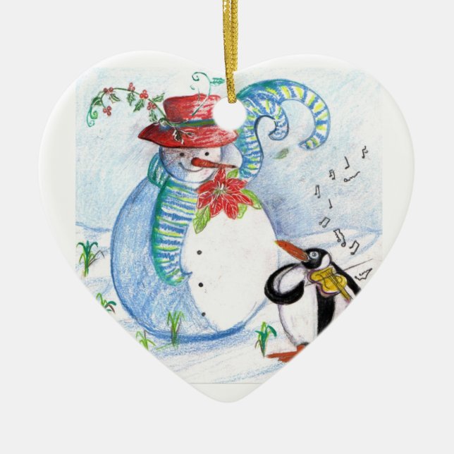 SNOWMAN AND PENGUIN'S WINTER SERENADE CERAMIC ORNAMENT (Front)