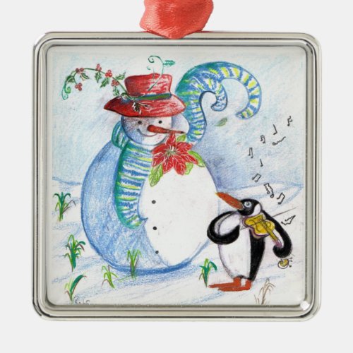 SNOWMAN AND PENGUINS WINTER SERENADE METAL ORNAMENT