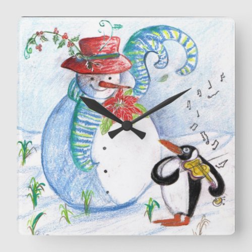 SNOWMAN AND PENGUINS WINTER SERENADE Musical Square Wall Clock