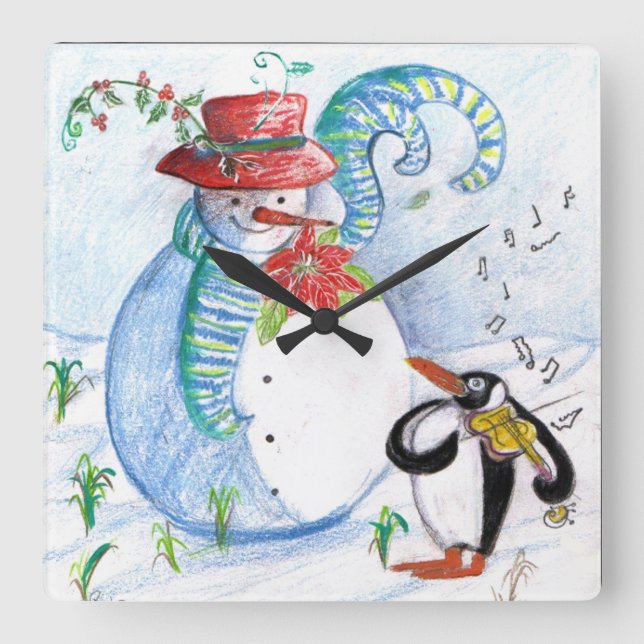 SNOWMAN AND PENGUIN'S WINTER SERENADE Musical Square Wall Clock (Front)