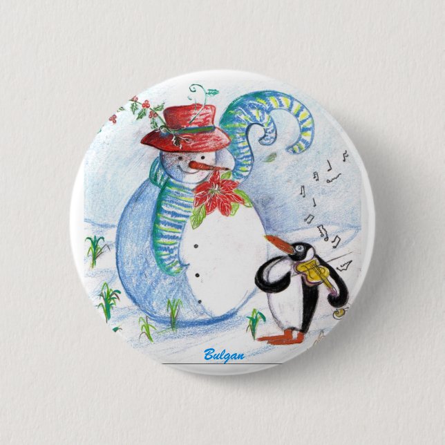 SNOWMAN AND PENGUIN'S WINTER SERENADE PINBACK BUTTON (Front)