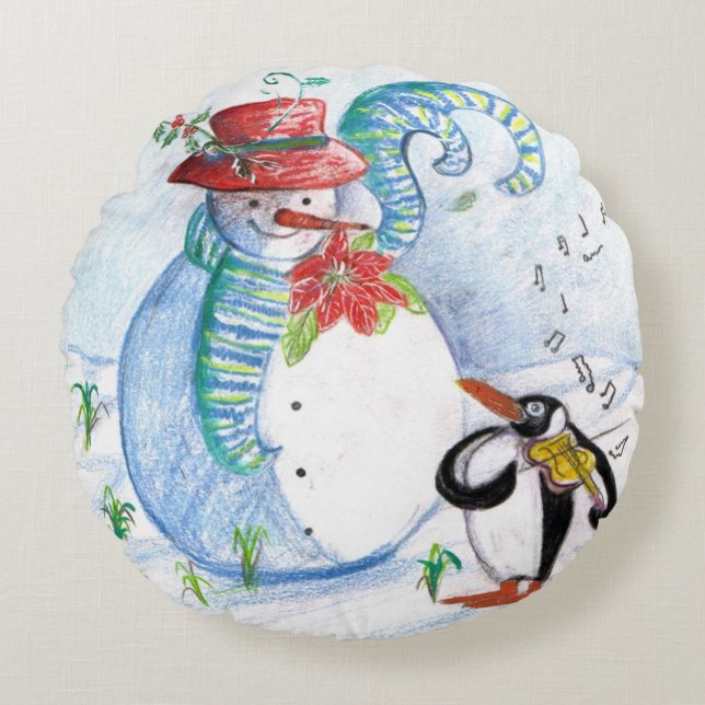 SNOWMAN AND PENGUIN'S WINTER SERENADE ROUND PILLOW (Front)