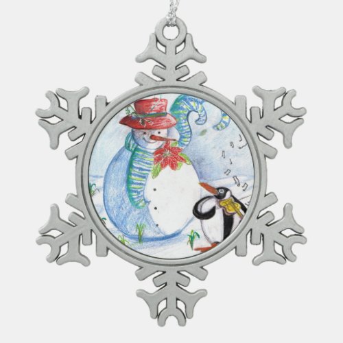 SNOWMAN AND PENGUINS WINTER SERENADE SNOWFLAKE PEWTER CHRISTMAS ORNAMENT