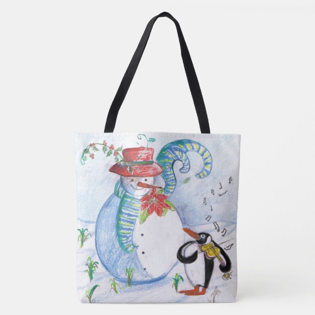 SNOWMAN AND PENGUIN'S WINTER SERENADE TOTE BAG (Front)