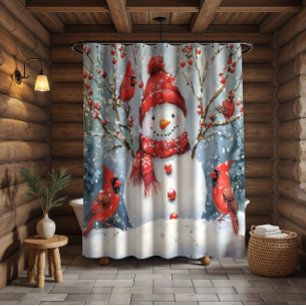 Snowman and Red Cardinals Shower Curtain