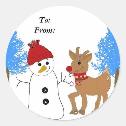 Snowman and Reindeer Classic Round Sticker