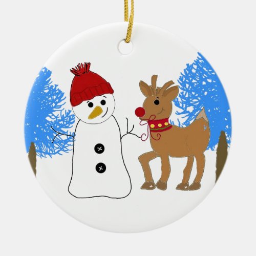 Snowman and Reindeer in the Forest Ceramic Ornament