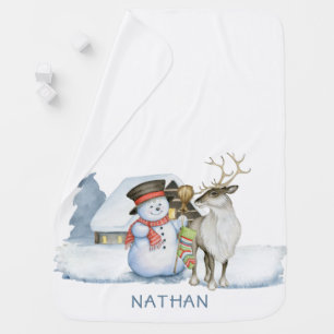 Snowman and Reindeer Personalized Christmas Baby Blanket