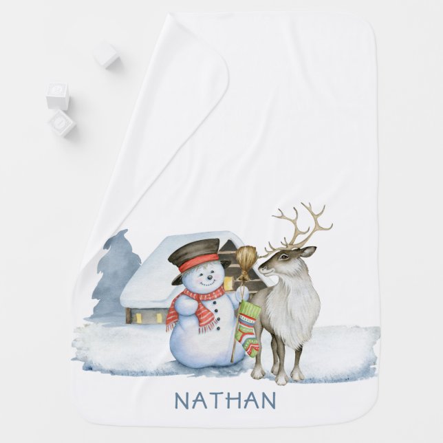 Snowman and Reindeer Personalized Christmas Baby Blanket (In Situ)