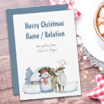 Snowman and Reindeer Snowy Text Personalized Holiday Card<br><div class="desc">personalized Christmas card with cute design and snowy typography. The design features snowman and reindeer with warmly lit cabin in the snow. All of the wording is easy to edit,  so you can make your cards completely individual.</div>