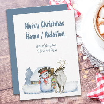Snowman And Reindeer Snowy Text Personalized Holiday Card by darlingandmay at Zazzle