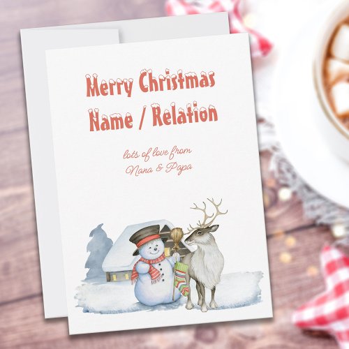 Snowman and Reindeer Snowy Typography Personalized Holiday Card