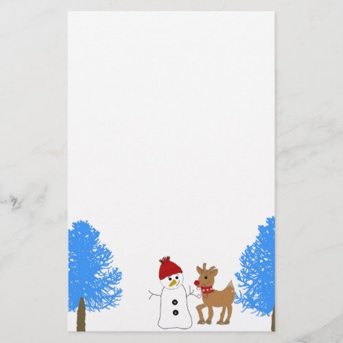 Snowman and Reindeer with Frosty Trees Stationery