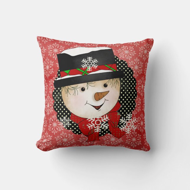 Snowman and Snow Lady Snowflakes Holiday Pillow (Front)