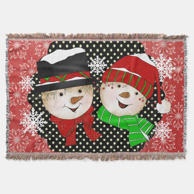 Snowman and Snow Lady Snowflakes Holiday Throw Throw Blanket (Front)