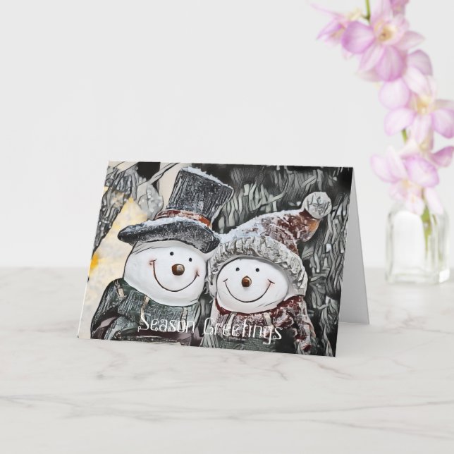Snowman and Snow woman drawing Customizable Card (Orchid)