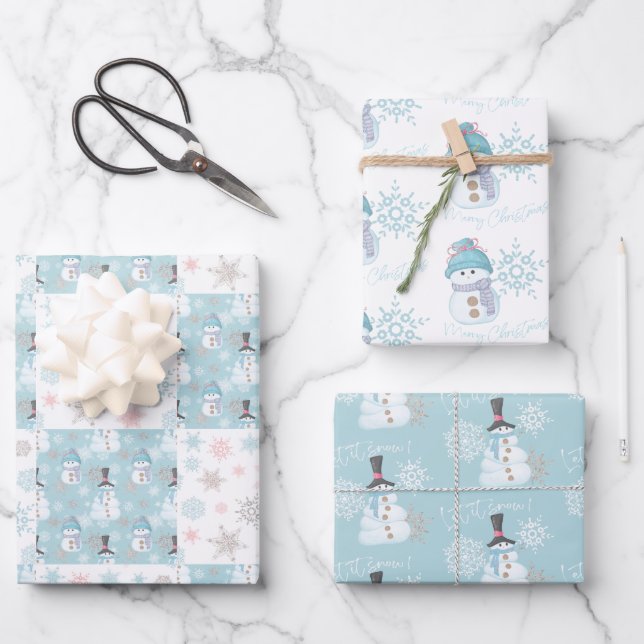 Snowman and Snowflakes Cute Christmas Wrapping Paper Sheets (Front)