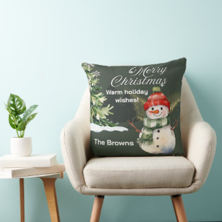 Snowman and Sparkling Tree Christmas Scene Throw Pillow
