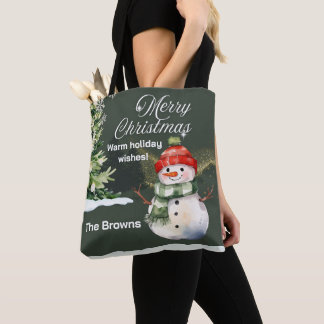 Snowman and Sparkling Tree Christmas Scene Tote Bag