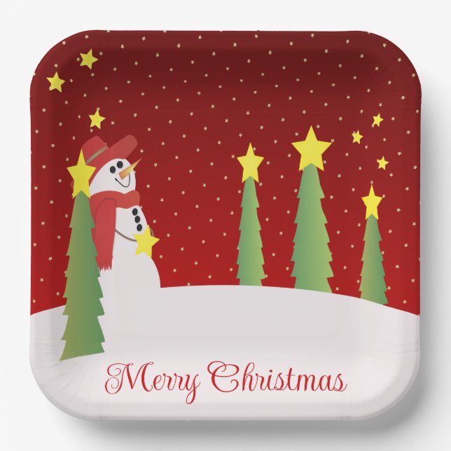 Snowman And Star Patterned Paper Plates (Front)