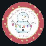 Snowman and String Lights Classic Round Sticker<br><div class="desc">Festive red and gold "made especially for you " sticker featuring my lighthearted watercolor snowman holding a string of colorful holiday lights.  Personalize text as preferred.</div>