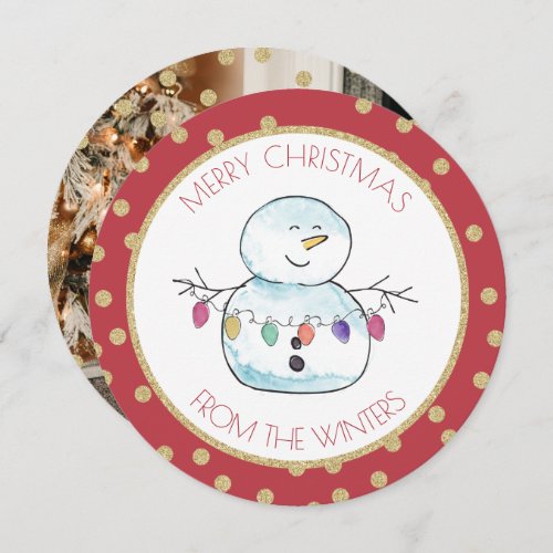 Snowman and String Lights with Photo Holiday Card