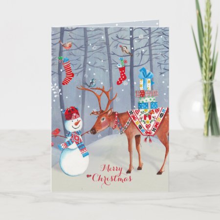 Snowman And The Elk  | Christmas Greeting Card