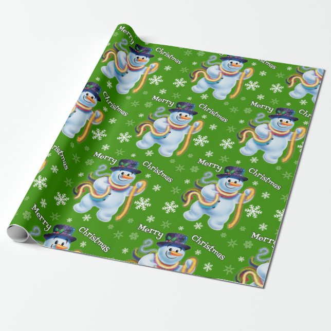 Snowman and tinsel Christmas wrapping paper (Unrolled)