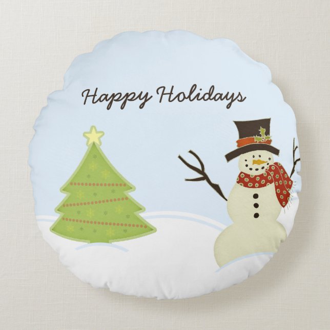 Snowman and Tree Round Pillow (Front)