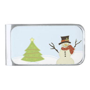 Snowman and Tree Silver Finish Money Clip