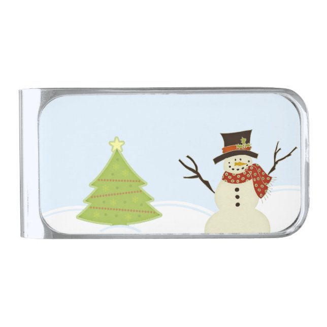 Snowman and Tree Silver Finish Money Clip (Front)