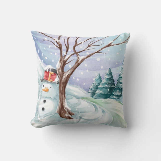 Snowman And Winter Scenery Throw Pillow (Front)