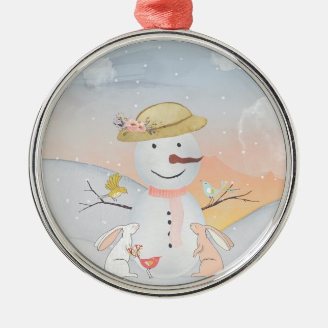 Snowman and Winter Woodland Friends Metal Ornament (Front)