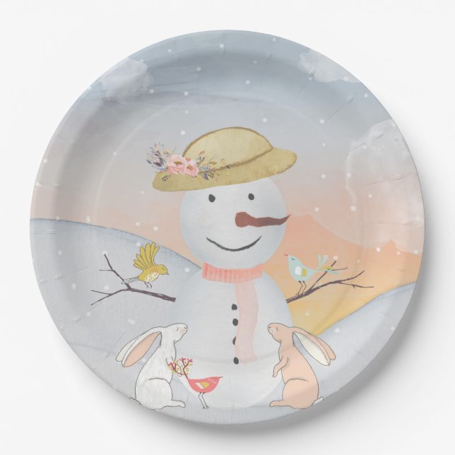 Snowman and Winter Woodland Friends Paper Plates (Front)