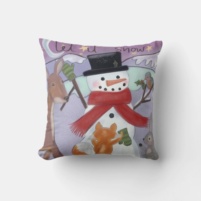 Snowman and Woodland Animals Throw Pillow (Front)