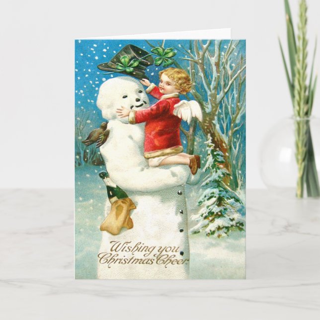 Snowman Angel Cherub Four Leaf Clover Holiday Card (Front)