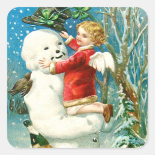 Snowman Angel Cherub Four Leaf Clover Square Sticker