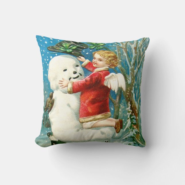 Snowman Angel Cherub Four Leaf Clover Throw Pillow (Front)