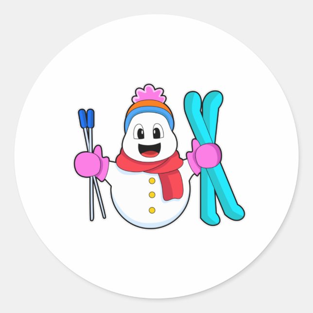 Snowman as Skier with Ski Classic Round Sticker (Front)