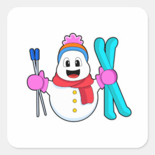 Snowman as Skier with Ski Square Sticker